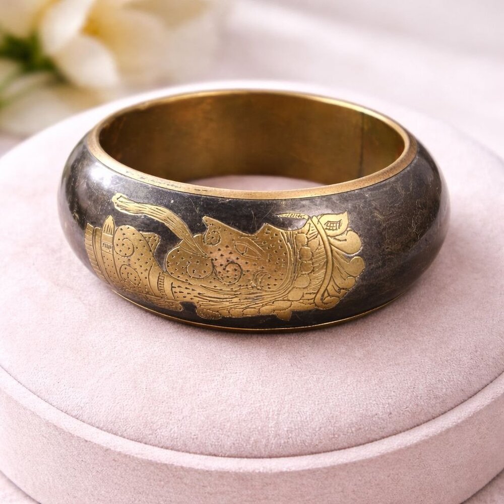 Vintage‎ Brass & Black Oxidized Metal Bangle With Etched Decorative Motifs